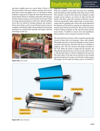 4-23
Figure 4-59. Press brake.
Operating handle
Housing
Grooves
Upper front roll
Lower front roll
Base
Grooves
Figure 4-60. Slip roll former.
and more complex parts use a press brake. [Figure 4-59]
The press brake is the most common machine tool used to
bend sheet metal and applies force via mechanical and/or
hydraulic components to shape the sheet metal between the
punch and die. Narrow U-channels (especially with long legs)
and hat channel stringers can be formed on the press brake
by using special gooseneck or offset dies. Special urethane
lower dies are useful for forming channels and stringers.
Power press brakes can be set up with back stops (some are
computer controlled) for high volume production. Press brake
operations are usually done manually and require skill and
knowledge of safe use.
Slip Roll Former
With the exception of the brake, the slip roll is probably
used more than any other machine in the shop. [Figure 4-60]
This machine is used to form sheets into cylinders or other
straight curved surfaces. It consists of right and left end
frames with three solid rolls mounted in between. Gears,
which are operated by either a hand crank or a power drive,
connect the two gripping rolls. These rolls can be adjusted to
the thickness of the metal by using the two adjusting screws
located on the bottom of each frame. The two most common
of these forming machines are the slip roll former and the
rotary former. Available in various sizes and capabilities,
these machines come in manual or powered versions.
The slip roll former in Figure 4-60 is manually operated and
consists of three rolls, two housings, a base, and a handle.
The handle turns the two front rolls through a system of gears
enclosed in the housing. The front rolls serve as feeding, or
gripping, rolls. The rear roll gives the proper curvature to
the work. When the metal is started into the machine, the
rolls grip the metal and carry it to the rear roll, which curves
it. The desired radius of a bend is obtained by the rear roll.
The bend radius of the part can be checked as the forming
operation progresses by using a circle board or radius gauge.
The gauges can be made by cutting a piece of material to
 
