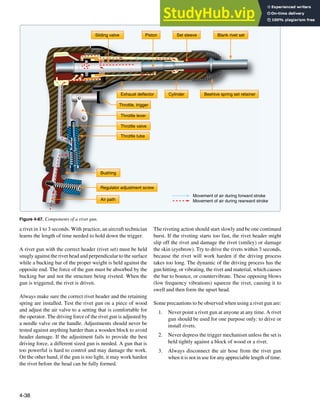 4-38
Movement of air during forward stroke
Movement of air during rearward stroke
Blank rivet set
Beehive spring set retainer
Piston Set sleeve
Cylinder
Exhaust deflector
Sliding valve
Throttle, trigger
Throttle lever
Throttle valve
Air path
Throttle tube
Bushing
Regulator adjustment screw
Figure 4-87. Components of a rivet gun.
a rivet in 1 to 3 seconds. With practice, an aircraft technician
learns the length of time needed to hold down the trigger.
A rivet gun with the correct header (rivet set) must be held
snugly against the rivet head and perpendicular to the surface
while a bucking bar of the proper weight is held against the
opposite end. The force of the gun must be absorbed by the
bucking bar and not the structure being riveted. When the
gun is triggered, the rivet is driven.
Always make sure the correct rivet header and the retaining
spring are installed. Test the rivet gun on a piece of wood
and adjust the air valve to a setting that is comfortable for
the operator. The driving force of the rivet gun is adjusted by
a needle valve on the handle. Adjustments should never be
tested against anything harder than a wooden block to avoid
header damage. If the adjustment fails to provide the best
driving force, a different sized gun is needed. A gun that is
too powerful is hard to control and may damage the work.
On the other hand, if the gun is too light, it may work harden
the rivet before the head can be fully formed.
The riveting action should start slowly and be one continued
burst. If the riveting starts too fast, the rivet header might
slip off the rivet and damage the rivet (smiley) or damage
the skin (eyebrow). Try to drive the rivets within 3 seconds,
because the rivet will work harden if the driving process
takes too long. The dynamic of the driving process has the
gun hitting, or vibrating, the rivet and material, which causes
the bar to bounce, or countervibrate. These opposing blows
(low frequency vibrations) squeeze the rivet, causing it to
swell and then form the upset head.
Some precautions to be observed when using a rivet gun are:
1. Never point a rivet gun at anyone at any time. A rivet
gun should be used for one purpose only: to drive or
install rivets.
2. Never depress the trigger mechanism unless the set is
held tightly against a block of wood or a rivet.
3. Always disconnect the air hose from the rivet gun
when it is not in use for any appreciable length of time.
 