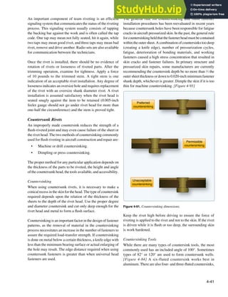 4-41
Preferred
countersinking
Permissible
countersinking
Unacceptable
countersinking
g
Figure 4-91. Countersinking dimensions.
An important component of team riveting is an eficient
signaling system that communicates the status of the riveting
process. This signaling system usually consists of tapping
the bucking bar against the work and is often called the tap
code. One tap may mean not fully seated, hit it again, while
two taps may mean good rivet, and three taps may mean bad
rivet, remove and drive another. Radio sets are also available
for communication between the technicians.
Once the rivet is installed, there should be no evidence of
rotation of rivets or looseness of riveted parts. After the
trimming operation, examine for tightness. Apply a force
of 10 pounds to the trimmed stem. A tight stem is one
indication of an acceptable rivet installation. Any degree of
looseness indicates an oversize hole and requires replacement
of the rivet with an oversize shank diameter rivet. A rivet
installation is assumed satisfactory when the rivet head is
seated snugly against the item to be retained (0.005-inch
feeler gauge should not go under rivet head for more than
one-half the circumference) and the stem is proved tight.
Countersunk Rivets
An improperly made countersink reduces the strength of a
lush-riveted joint and may even cause failure of the sheet or
the rivet head. The two methods of countersinking commonly
used for lush riveting in aircraft construction and repair are:
• Machine or drill countersinking.
• Dimpling or press countersinking.
The proper method for any particular application depends on
the thickness of the parts to be riveted, the height and angle
of the countersunk head, the tools available, and accessibility.
Countersinking
When using countersunk rivets, it is necessary to make a
conical recess in the skin for the head. The type of countersink
required depends upon the relation of the thickness of the
sheets to the depth of the rivet head. Use the proper degree
and diameter countersink and cut only deep enough for the
rivet head and metal to form a lush surface.
Countersinking is an important factor in the design of fastener
patterns, as the removal of material in the countersinking
process necessitates an increase in the number of fasteners to
assure the required load-transfer strength. If countersinking
is done on metal below a certain thickness, a knife edge with
less than the minimum bearing surface or actual enlarging of
the hole may result. The edge distance required when using
countersunk fasteners is greater than when universal head
fasteners are used.
The general rule for countersinking and flush fastener
installation procedures has been reevaluated in recent years
because countersunk holes have been responsible for fatigue
cracks in aircraft pressurized skin. In the past, the general rule
forcountersinkingheldthatthefastenerheadmustbecontained
within the outer sheet. A combination of countersinks too deep
(creating a knife edge), number of pressurization cycles,
fatigue, deterioration of bonding materials, and working
fasteners caused a high stress concentration that resulted in
skin cracks and fastener failures. In primary structure and
pressurized skin repairs, some manufacturers are currently
recommending the countersink depth be no more than 2
⁄3 the
outer sheet thickness or down to 0.020-inch minimum fastener
shank depth, whichever is greater. Dimple the skin if it is too
thin for machine countersinking. [Figure 4-91]
Keep the rivet high before driving to ensure the force of
riveting is applied to the rivet and not to the skin. If the rivet
is driven while it is lush or too deep, the surrounding skin
is work hardened.
Countersinking Tools
While there are many types of countersink tools, the most
commonly used has an included angle of 100°. Sometimes
types of 82° or 120° are used to form countersunk wells.
[Figure 4-84] A six-fluted countersink works best in
aluminum. There are also four- and three-luted countersinks,
 