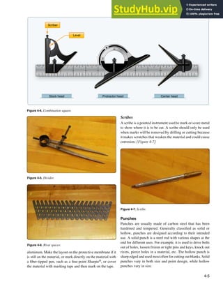4-5
Figure 4-4. Combination square.
11
2
0
180
90
3 4 5 8 9 10
Scriber
Level
Stock head Protractor head Center head
Figure 4-5. Divider.
Figure 4-6. Rivet spacer.
Figure 4-7. Scribe.
aluminum. Make the layout on the protective membrane if it
is still on the material, or mark directly on the material with
a iber-tipped pen, such as a ine-point Sharpie®, or cover
the material with masking tape and then mark on the tape.
Scribes
A scribe is a pointed instrument used to mark or score metal
to show where it is to be cut. A scribe should only be used
when marks will be removed by drilling or cutting because
it makes scratches that weaken the material and could cause
corrosion. [Figure 4-7]
Punches
Punches are usually made of carbon steel that has been
hardened and tempered. Generally classiied as solid or
hollow, punches are designed according to their intended
use. A solid punch is a steel rod with various shapes at the
end for different uses. For example, it is used to drive bolts
out of holes, loosen frozen or tight pins and keys, knock out
rivets, pierce holes in a material, etc. The hollow punch is
sharp edged and used most often for cutting out blanks. Solid
punches vary in both size and point design, while hollow
punches vary in size.
 
