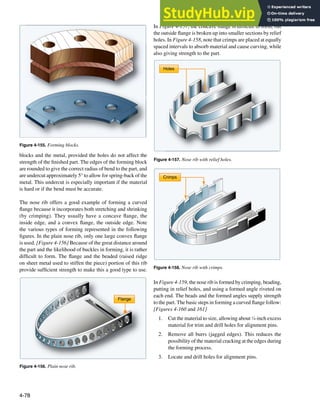 4-78
Flange
Holes
Figure 4-156. Plain nose rib.
Figure 4-157. Nose rib with relief holes.
Figure 4-155. Forming blocks.
Crimps
Figure 4-158. Nose rib with crimps.
blocks and the metal, provided the holes do not affect the
strength of the inished part. The edges of the forming block
are rounded to give the correct radius of bend to the part, and
are undercut approximately 5° to allow for spring-back of the
metal. This undercut is especially important if the material
is hard or if the bend must be accurate.
The nose rib offers a good example of forming a curved
lange because it incorporates both stretching and shrinking
(by crimping). They usually have a concave lange, the
inside edge, and a convex lange, the outside edge. Note
the various types of forming represented in the following
igures. In the plain nose rib, only one large convex lange
is used. [Figure 4-156] Because of the great distance around
the part and the likelihood of buckles in forming, it is rather
dificult to form. The lange and the beaded (raised ridge
on sheet metal used to stiffen the piece) portion of this rib
provide suficient strength to make this a good type to use.
In Figure 4-157, the concave lange is dificult to form, but
the outside lange is broken up into smaller sections by relief
holes. In Figure 4-158, note that crimps are placed at equally
spaced intervals to absorb material and cause curving, while
also giving strength to the part.
In Figure 4-159, the nose rib is formed by crimping, beading,
putting in relief holes, and using a formed angle riveted on
each end. The beads and the formed angles supply strength
to the part. The basic steps in forming a curved lange follow:
[Figures 4-160 and 161]
1. Cut the material to size, allowing about 1
⁄4-inch excess
material for trim and drill holes for alignment pins.
2. Remove all burrs (jagged edges). This reduces the
possibility of the material cracking at the edges during
the forming process.
3. Locate and drill holes for alignment pins.
 