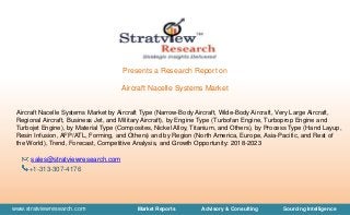 www.stratviewresearch.com Market Reports Advisory & Consulting Sourcing Intelligence
Presents a Research Report on
Aircraft Nacelle Systems Market
Aircraft Nacelle Systems Market by Aircraft Type (Narrow-Body Aircraft, Wide-Body Aircraft, Very Large Aircraft,
Regional Aircraft, Business Jet, and Military Aircraft), by Engine Type (Turbofan Engine, Turboprop Engine and
Turbojet Engine), by Material Type (Composites, Nickel Alloy, Titanium, and Others), by Process Type (Hand Layup,
Resin Infusion, AFP/ATL, Forming, and Others) and by Region (North America, Europe, Asia-Pacific, and Rest of
the World), Trend, Forecast, Competitive Analysis, and Growth Opportunity: 2018-2023
sales@stratviewresearch.com
+1-313-307-4176
 