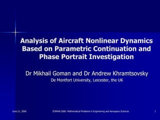 June 21, 2006June 21, 2006 ICNPAAICNPAA--2006: Mathematical Problems in Engineering and Aerospace Science2006: Mathematical Problems in Engineering and Aerospace Sciencess 11
Analysis of Aircraft Nonlinear Dynamics
Based on Parametric Continuation and
Phase Portrait Investigation
Dr MikhailDr Mikhail GomanGoman and Dr Andrewand Dr Andrew KhramtsovskyKhramtsovsky
DeDe MontfortMontfort University, Leicester, the UKUniversity, Leicester, the UK
 