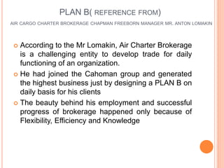 PLAN B( REFERENCE FROM)
AIR CARGO CHARTER BROKERAGE CHAPMAN FREEBORN MANAGER MR. ANTON LOMAKIN
 According to the Mr Lomakin, Air Charter Brokerage
is a challenging entity to develop trade for daily
functioning of an organization.
 He had joined the Cahoman group and generated
the highest business just by designing a PLAN B on
daily basis for his clients
 The beauty behind his employment and successful
progress of brokerage happened only because of
Flexibility, Efficiency and Knowledge
 
