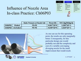 Aeropropulsion 
Unit 
Kasetsart University 
4 
A. ATTHASIT 
Influence of Nozzle Area In-class Practice: Ch06P03 
Prove 
•Obj: Able to use the fundamental equation under the correct assumptions 
Analysis 
•Obj: Understand the physical meaning of each parameters 
Calculation 
•Obj: Able to solve the relations under the constraints of corrected unit, constant, … etc. 
As one can see for this operating point, the results are only marginally better. Consequently, for this particular design one would probably not add the complexity and cost of a variable converging- diverging nozzle for the small improvement that would result.  