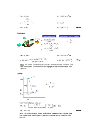Pt3 := Pt2⋅pi_c Pt3 2.03110= × 6 Pa 
τc 
pi_c 
γc−1 
γc − 1 
ηc 
:= + 1 τc 2.327 = 
Tt3 τc Tt2 := ⋅ Tt3 746.116K = <Ans> 
Combustor 
C m 
f m 
C f m +m 
Pt4 pi_bPt3 := ⋅ Pt4 1.92910= × 6 Pa 
m_dot_fuel 
m_dot_air Cpt ⋅ Tt4 Tt3 ⋅( − ) 
ηb hpr ⋅ Cpt Tt4 − ⋅ 
:= m_dot_fuel 1.331 
kg 
s 
= Ans 
Note: The burner specific heat is evaluated at the exit burner condition. One 
may evaluate the specific heat by averaging burner temperature from inlet 
and exit. 
Turbine 
1 
1 
1 
t 
t 
t 
γ 
γ 
τ 
η 
π 
− 
− 
= 
− 
From the shaft power balance: 
Tt5 Tt4 
m_dot_air 
m_dot_air m_dot_fuel + 
⎛⎜⎝⎞⎟⎠ 
Cpc 
Cpt⋅ηm 
⎛⎜⎝ 
⎞⎟⎠ 
Tt3 Tt2 := − ⋅( − ) 
Tt5 968.844K = Ans 
Note: The turbine specific heat is evaluated at the exit burner condition. One 
may evaluate the specific heat by averaging turbine temperature from inlet 
and exit.  