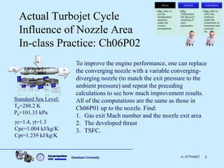 Aeropropulsion 
Unit Kasetsart University A. ATTHASIT 3 
Actual Turbojet Cycle 
Influence of Nozzle Area 
In-class Practice: Ch06P02 
Prove 
• Obj: Able to 
use the 
fundamental 
equation 
under the 
correct 
assumptions 
Analysis 
• Obj: 
Understand 
the physical 
meaning of 
each 
parameters 
Calculation 
• Obj: Able to 
solve the 
relations 
under the 
constraints of 
corrected unit, 
constant, … 
etc. 
0 1 2 3 4 5 9 
0 m 
f m 
0 
f 
m 
m 
To improve the engine performance, one can replace 
the converging nozzle with a variable converging-diverging 
nozzle (to match the exit pressure to the 
ambient pressure) and repeat the preceding 
calculations to see how much improvement results. 
All of the computations are the same as those in 
Ch06P01 up to the nozzle. Find: 
1. Gas exit Mach number and the nozzle exit area 
2. The developed thrust 
3. TSFC. 
Standard Sea Level: 
T0=288.2 K 
P0=101.33 kPa 
gc=1.4, gt=1.3 
Cpc=1.004 kJ/kg/K 
Cpt=1.239 kJ/kg/K 
 