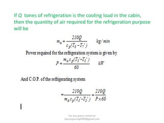 If Q tones of refrigeration is the cooling load in the cabin,
then the quantity of air required for the refrigeration purpose
will be
For any query contact at
ripuranjansingh999@gmail.com
 
