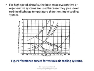 • For high speed aircrafts, the boot strap evaporative or
regenerative systems are used because they give lower
turbine discharge temperature than the simple cooling
system.
Fig. Performance curves for various air cooling systems.
For any query contact at
ripuranjansingh999@gmail.com
 