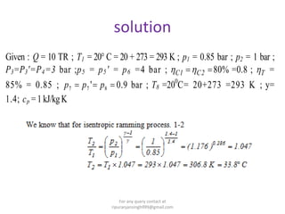 solution
Given : Q = 10 TR ; T1 = 20° C = 20 + 273 = 293 K ; p1 = 0.85 bar ; p2 = 1 bar ;
P3=P3'=P4=3 bar ;p5 = p5' = p6 =4 bar ;  2C1C  80% =0.8 ; T =
85% = 0.85 ;  877 ' ppp 0.9 bar ; T8 =200
C= 20+273 =293 K ; y=
1.4; cp = 1 kJ/kgK
For any query contact at
ripuranjansingh999@gmail.com
 