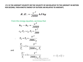 IF V IS THE AIRCRAFT VELOCITY OR THE VELOCITY OF AIR RELATIVE TO THE AIRCRAFT IN METERS
PER SECOND, THEN KINETIC ENERGY OF OUTSIDE AIR RELATIVE TO AIRCRAFT,
From the energy equation, we know that
2000
v
hh
2
12 
2000
V
T.cT.c
2
1p2p 

p
2
12
c2000
V
TT 
1p
2
1
2
.c2000
1
T
V
T
T

1p
2
1
2
.c2000
1
'
T
V
T
T

and
For any query contact at
ripuranjansingh999@gmail.com
 