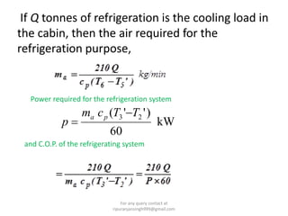 If Q tonnes of refrigeration is the cooling load in
the cabin, then the air required for the
refrigeration purpose,
Power required for the refrigeration system
kW
60
)''( 23 TTcm
p
pa 

and C.O.P. of the refrigerating system
For any query contact at
ripuranjansingh999@gmail.com
 