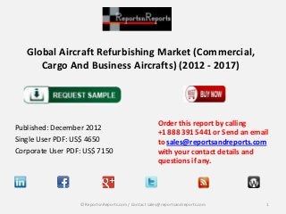 Global Aircraft Refurbishing Market (Commercial,
Cargo And Business Aircrafts) (2012 - 2017)

Published: December 2012
Single User PDF: US$ 4650
Corporate User PDF: US$ 7150

Order this report by calling
+1 888 391 5441 or Send an email
to sales@reportsandreports.com
with your contact details and
questions if any.

© ReportsnReports.com / Contact sales@reportsandreports.com

1

 