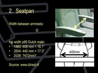 2. Seatpan

Width between armrests:



hip width p95 Dutch male:
• 1982: 408 mm = 16.1”
• 2004: 440 mm = 17.3”      440mm
...