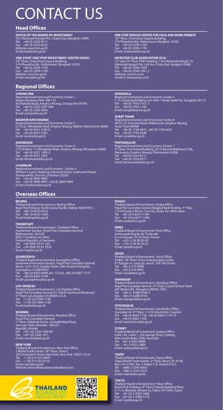 CONTACT US
Head Offices
OFFICE OF THE BOARD OF INVESTMENT
555 Vibhavadi-Rangsit Rd., Chatuchak, Bangkok 10900
Tel: +66 (0) 2553-8111
Fax: +66 (0) 2553-8222
Website: www.boi.go.th
Email: head@boi.go.th
ONE START ONE STOP INVESTMENT CENTER (OSOS)
18th
Floor, Chamchuri Square Building,
319 Phayathai Rd., Pathumwan, Bangkok 10330
Tel: +66 (0) 2209-1100
Fax: +66 (0) 2209-1199
Website: osos.boi.go.th
Email: osos@boi.go.th
ONE STOP SERVICE CENTER FOR VISAS AND WORK PERMITS
18th
Floor, Chamchuri Square Building,
319 Phayathai Rd., Pathumwan, Bangkok 10330
Tel: +66 (0) 2209-1100
Fax: +66 (0) 2209-1194
Email: visawork@boi.go.th
INVESTOR CLUB ASSOCIATION (ICA)
12th
and 16th
Floor, TP&T Building, 1 Soi Vibhavadi-Rangsit 19,
Vibhavadi-Rangsit Rd., Lad Yao, Chatuchak, Bangkok 10900
Tel: +66 (0) 2936-1429
Fax: +66 (0) 2936-1441-2
Website: www.ic.or.th
Email: is-investor@ic.or.th
Regional Offices
CHIANG MAI
Regional Investment and Economic Center 1
Airport Business Park 108-110,
90 Mahidol Road, Amphur Muang, Chiang Mai 50100
Tel: +66 (0) 5320 3397-400
Fax: +66 (0) 5320 3404
Email: chmai@boi.go.th
NAKHON RATCHASIMA
Regional Investment and Economic Center 2
2112/22 Mitraphab Road, Amphur Muang, Nakhon Ratchasima 30000
Tel: +66 (0) 4421 3184-6
Fax: +66 (0) 4421 3182
Email: korat@boi.go.th
KHONKAEN
Regional Investment and Economic Center 3
177/54 Moo 17, Mitraphab Road, Amphur Muang, Khonkaen 40000
Tel: +66 (0) 4327 1300-2
Fax: +66 (0) 4327 1303
Email: khonkaen@boi.go.th
CHONBURI
Regional Investment and Economic Center 4
46 Moo 5 Laem Chabang Industrial Estate, Sukhumvit Road,
Toongsukhla, Sriracha, Chonburi 20230
Tel: +66 (0) 3840 4900
Fax: +66 (0) 3840 4997, +66 (0) 3840 4999
Email: chonburi@boi.go.th
SONGKHLA
Regional Investment and Economic Center 5
7-15 Chaiyong Building Juti Uthit 1 Road, Hadd Yai, Songkhla 90110
Tel: +66 (0) 7434 7161-5
Fax: +66 (0) 7434 7160
Email: songkhla@boi.go.th
SURAT THANI
Regional Investment and Economic Center 6
49/21-22 Sriwichai Road, Makhamtia, Amphur Muang,
Surat Thani 84000
Tel: +66 (0) 7728 4637, +66 (0) 7728 4435
Fax: +66 (0) 7728 4638
Email: surat@boi.go.th
PHITSANULOK
Regional Investment and Economic Center 7
3rd
Floor, Thai Sivarat Building, 59/15 Boromtrilokkanat 2 Rd.,
Naimuang, Amphur Muang, Phitsanulok 65000
Tel: +66 (0) 5524-8111
Fax: +66 (0) 5524-8777
Email: phitsanulok@boi.go.th
Overseas Offices
BEIJING
Thailand Board of Investment, Beijing Office
Royal Thai Embassy, No.40 Guang Hua Rd., Beijing 100600 P.R.C.
Tel: +86-10-6532-4510
Fax: +86-10-6532-1620
Email: beijing@boi.go.th
FRANKFURT
Thailand Board of Investment, Frankfurt Office
Investment Section, Royal Thai Consulate-General
Bethmannstr. 58,5.0G
60311 Frankfurt am Main,
Federal Republic of Germany
Tel: +49 (069) 92 91 230
Fax: +49 (069) 92 91 2320
Email: fra@boi.go.th
GUANGZHOU
Thailand Board of Investment, Guangzhou Office
Investment Promotion Section, Royal Thai Consulate-General,
Room 1216-1218, Garden Tower, 368 Huanshi Dong Rd.,
Guangzhou 510064 P.R.C
Tel: +86-20-8333-8999 ext. 1216-8, +86-20-8387-7770
Fax: +86-20-8387-2700
Email: guangzhou@boi.go.th
LOS ANGELES
Thailand Board of Investment, Los Angeles Office
Royal Thai Consulate-General, 611 North Larchmont Boulevard,
3rd
Floor, Los Angeles CA 90004, U.S.A.
Tel: +1 (0)-323-960-1199
Fax: +1 (0)-323-960-1190
Email: boila@boi.go.th
MUMBAI
Thailand Board of Investment, Mumbai Office
Royal Thai Consulate-General
1st
Floor, Dalalmal House, Jamnalal Bajaj Marg,
Nariman Point, Mumbai - 400 021
Republic of India
Tel: +(91 22) 2204 1589-90
Fax: +(91 22) 2282 1071
Email: mumbai@boi.go.th
NEW YORK
Thailand Board of Investment, New York Office
7 World Trade Center, 34th
Floor. Suite F,
250 Greenwich Street, New York, New York 10007, U.S.A.
Tel: +1 (0) 212 422 9009
Fax: +1 (0) 212 422 9119
Email: nyc@boi.go.th
Website: www.thinkasiainvestthailand.com
OSAKA
Thailand Board of Investment, Osaka Office
Royal Thai Consulate-General, Bangkok Bank Building, 7th
Floor,
1-9-16 Kyutaro-Machi, Chuo-Ku, Osaka 541-0056 Japan
Tel: +81 (0) 6-6271-1395
Fax: +81 (0) 6-6271-1394
Email: osaka@boi.go.th
PARIS
Thailand Board of Investment, Paris Office
Ambassade Royale de Thaïlande
8, rue Greuze, 75116 Paris, France
Tel: +(33-1) 56 90 26 00
Fax: +(33-1) 56 90 26 02
Email: par@boi.go.th
SEOUL
Thailand Board of Investment, Seoul Office
#1804, 18th
Floor, Koryo Daeyeongak Center,
97 Toegye-ro, Jung-gu, Seoul, 100-706, Korea
Tel: +82-2-319-9998
Fax: +82-2-319-9997
Email: seoul@boi.go.th
SHANGHAI
Thailand Board of Investment, Shanghai Office
Royal Thai Consulate-General, 15th
Floor, Crystal Century Tower,
567 Weihai Rd., Shanghai 200041, P.R.C
Tel: +86-21-6288-9728-9
Fax: +86-21-6288-9730
Email: shanghai@boi.go.th
STOCKHOLM
Thailand Board of Investment, Stockholm Office
Stureplan 4C 4th
Floor, 114 35 Stockholm, Sweden
Tel: +46 (0) 8463 1158, +46 (0) 8463 1174-75
Fax: +46 (0) 8463 1160
Email: stockholm@boi.go.th
SYDNEY
Thailand Board of Investment, Sydney Office
Suite 101, Level 1, 234 George Street, Sydney,
New South Wales 2000, Australia
Tel: +61-2-9252-4884
Fax: +61-2-9252-2883
Email: sydney@boi.go.th
TAIPEI
Thailand Board of Investment, Taipei Office
Taipei World Trade Center, 3rd
Floor, Room 3E 39-40
No.5 Xin-Yi Rd., Sec. 5 Taipei 110, Taiwan R.O.C.
Tel: +886-2-2345-6663
Fax: +886-2-2345-9223
Email: taipei@boi.go.th
TOKYO
Thailand Board of Investment, Tokyo Office
Royal Thai Embassy, 8th
Floor, Fukuda Building West,
2-11-3, Akasaka, Minato-ku, Tokyo 107-0052 Japan
Tel: +81 (0) 3-3582-1806
Fax: +81 (0) 3-3589-5176
Email: tyo@boi.go.th
 