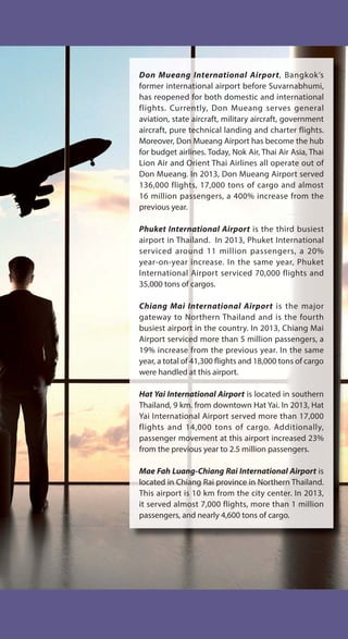 Don Mueang International Airport, Bangkok’s
former international airport before Suvarnabhumi,
has reopened for both domestic and international
flights. Currently, Don Mueang serves general
aviation, state aircraft, military aircraft, government
aircraft, pure technical landing and charter flights.
Moreover, Don Mueang Airport has become the hub
for budget airlines. Today, Nok Air, Thai Air Asia, Thai
Lion Air and Orient Thai Airlines all operate out of
Don Mueang. In 2013, Don Mueang Airport served
136,000 flights, 17,000 tons of cargo and almost
16 million passengers, a 400% increase from the
previous year.
Phuket International Airport is the third busiest
airport in Thailand. In 2013, Phuket International
serviced around 11 million passengers, a 20%
year-on-year increase. In the same year, Phuket
International Airport serviced 70,000 flights and
35,000 tons of cargos.
Chiang Mai International Airport is the major
gateway to Northern Thailand and is the fourth
busiest airport in the country. In 2013, Chiang Mai
Airport serviced more than 5 million passengers, a
19% increase from the previous year. In the same
year, a total of 41,300 flights and 18,000 tons of cargo
were handled at this airport.
Hat Yai International Airport is located in southern
Thailand, 9 km. from downtown Hat Yai. In 2013, Hat
Yai International Airport served more than 17,000
flights and 14,000 tons of cargo. Additionally,
passenger movement at this airport increased 23%
from the previous year to 2.5 million passengers.
Mae Fah Luang-Chiang Rai International Airport is
located in Chiang Rai province in Northern Thailand.
This airport is 10 km from the city center. In 2013,
it served almost 7,000 flights, more than 1 million
passengers, and nearly 4,600 tons of cargo.
 