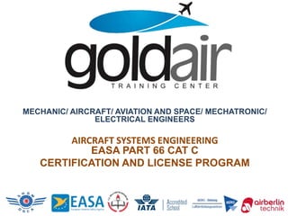 MECHANIC/ AIRCRAFT/ AVIATION AND SPACE/ MECHATRONIC/
ELECTRICAL ENGINEERS
AIRCRAFT SYSTEMS ENGINEERING
EASA PART 66 CAT C
CERTIFICATION AND LICENSE PROGRAM
 