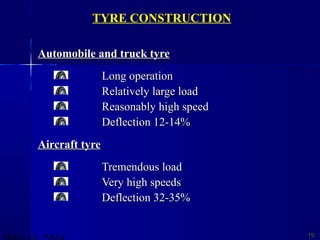 Automobile and truck tyreAutomobile and truck tyre
Long operationLong operation
Relatively large loadRelatively large load
Reasonably high speedReasonably high speed
Deflection 12-14%Deflection 12-14%
Aircraft tyreAircraft tyre
Tremendous loadTremendous load
Very high speedsVery high speeds
Deflection 32-35%Deflection 32-35%
1010
TYRE CONSTRUCTION
 