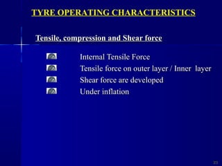 Tensile, compression and Shear forceTensile, compression and Shear force
Internal Tensile ForceInternal Tensile Force
Tensile force on outer layer / Inner layerTensile force on outer layer / Inner layer
Shear force are developedShear force are developed
Under inflationUnder inflation
2222
TYRE OPERATING CHARACTERISTICS
 