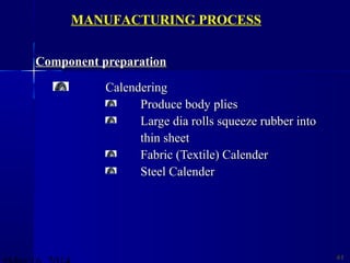 Component preparationComponent preparation
CalenderingCalendering
Produce body pliesProduce body plies
Large dia rolls squeeze rubber intoLarge dia rolls squeeze rubber into
thin sheetthin sheet
Fabric (Textile) CalenderFabric (Textile) Calender
Steel CalenderSteel Calender
4141
MANUFACTURING PROCESS
 