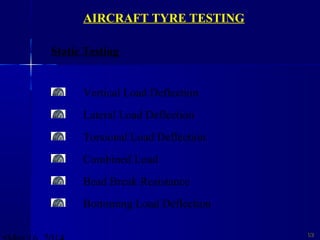 6262
Static Testing
Vertical Load Deflection
Lateral Load Deflection
Torsional Load Deflection
Combined Load
Bead Break Resistance
Bottoming Load Deflection
AIRCRAFT TYRE TESTING
 