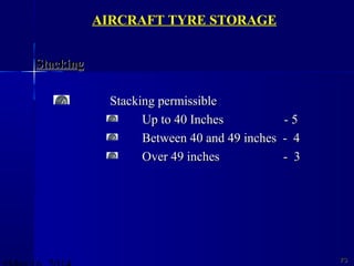 7373
AIRCRAFT TYRE STORAGE
StackingStacking
Stacking permissibleStacking permissible
Up to 40 Inches - 5Up to 40 Inches - 5
Between 40 and 49 inches - 4Between 40 and 49 inches - 4
Over 49 inches - 3Over 49 inches - 3
 