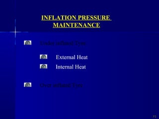 7575
INFLATION PRESSURE
MAINTENANCE
Under inflated Tyre
External Heat
Internal Heat
Over inflated Tyre
 