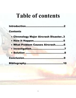 1
Table of contents
Introduction……………………………………….2
Contents
Chronology Major Aircrash Disaster..3
How It Happen…….………………………..5
What Problem Causes Aircrash…..…..6
Investigation………………………………….7
Solution ………………………………………..8
Conclusion…………………………………………9
Bibliography………………………………………10
 