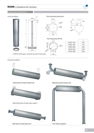 RUND | Cylindrical Air Curtains

 Layouts and dimensions

Vertical installation                              (*)               Floor fixing points without foot
                                          Ø453
                                                                                203,5                                 (* )



                               1
                                                                                                                              185




                                                                                                                 75
                                                     15
                                                                                             5xØ8,5




                                                                 200 176
                                                                                             Ø453




                                                                    376




                                                                                                                 30
                                                                                                                      53
                                                                                                                 Ø4
                               L




                                                                                400


                                                                      Floor fixing points with foot
                                                                                                                               L
                                                                                                             RUND 1000       1025

                                                                      60
                                                                                                             RUND 1500       1525
                                                                                              Ø430
                                                                      220                                    RUND 2000       2030
                               60




                                                                            5                                RUND 2500       2530
                                          Ø430
                                                                     Ø1
                                                                 6x                                          RUND 3000       2980
         (*) IN/OUT Water pipes connection (in water heated units)              260




Horizontal installation




          Ceiling fixation through threaded rods                                Wall/ceiling fixation through arms




         Wall/ceiling fIxation through angle supports




         Wall fixation through lateral arms                                     Floor fixation (goalpost)


                                                                                                                                    23
 
