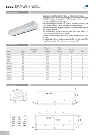 High Velocity Air Curtains
KOOL |             For Cold Stores And Freezers

Characteristics

                                                                   • Specially designed to be installed on doors of cold stores and freezers.
                                                                   • Self-supporting casing construction made of galvanized plated steel, finished in
                                                                     structural epoxy-polyester RAL 9016 as standard. Other colours or stainless
                                                                     steel construction are available on request.
                                                                   • Low noise centrifugal double inlet fans driven by an external rotor motor with
                                                                     built in thermal protection contact. Provided with five speed selection.
                                                                   • Perforated inlet grille with large absorbing surface to minimize the air pressure
                                                                     drop. It doesn’t need filter.
                                                                   • Also available with flat micro-perforated inlet grille, more elegant, for
                                                                     commercial doors where heating is not needed.
                                                                   • Anodised aluminium blow-out vanes, airfoil shaped, adjustable from 0 to 15º
                                                                     each side.
                                                                   • Control panel and 20m of telephonic cable with fast connectors type RJ45
                                                                     (Plug & Play), included. Optional: Interface to connect to BMS.

Specifications
                                                                         Fans power               Fans
                                                 Without heating            Input                Current            Noise level
 Model                        Airflow                Air only            230V-50Hz              230V-50Hz             (5 m)                     Weight
                               m3/h                                           kW                    A                 dB(A)                      kg
KS 1000 A                      1300                       -                  0,372                 1,68                 53                       29
KS 1500 A                      1950                       -                  0,558                 2,52                 54                       44
KS 2000 A                      2600                       -                  0,744                 3,36                 55                       53
KS 2500 A                      3250                       -                  0,930                 4,20                 56                       58
KS 3000 A                      3900                       -                  1,116                 5,04                 57                       63
KM 1000 A                      1850                       -                   0,510               2,22                  54                          29
KM 1500 A                      2775                       -                   0,765               3,33                  55                          44
KM 2000 A                      3700                       -                   1,020               4,44                  56                          53
KM 2500 A                      4625                       -                   1,275               5,55                  57                          58
KM 3000 A                      5550                       -                   1,530               6,66                  58                          63
KG 1000 A                      2775                       -                   0,765               3,33                  55                          33
KG 1500 A                      3700                       -                   1,020               4,44                  56                          49
KG 2000 A                      5550                       -                   1,530               6,66                  57                          63
KG 2500 A                      6475                       -                   1,785               7,77                  58                          68
KG 3000 A                      7400                       -                   2,040               8,88                  59                          73



Dimensions
                                                                                                                                  49




                    340


                                                                              4/6 x M8
                                                                                                                                   260
     260




                                                                                                                                  193




      60                                    30
                                                                           B                                B
                                                                                                                                  18




                                                     40                                    A                                       40
                                                                                           L




             L            A           B
                                                                                                                                        66




            1000      920               -                                  4/6 x M8
                                                                                                                                              340




            1500     1420          710                                                        Control
                                                                                                                                        257




            2000     1920          960
            2500     2420         1210
            3000     2920         1460                                    B                                 B
                                                                                                                                        17




                                                    40                                    A                                        40
                                                                                          L


30
 