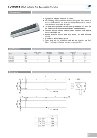 COMPACT | High Velocity And Compact Air Curtains

Characteristics


                                              • High pressure and small dimensions air curtains.
                                              • Self-supporting casing construction made of zinc plated steel, finished in
                                                structural epoxy-polyester RAL 9016 as standard. Other colours or stainless
                                                steel construction are available on request.
                                              • Low noise centrifugal double inlet fans driven by an external rotor motor with
                                                built in thermal protection contact. Provided with five speed selection.
                                              • Perforated inlet grille with large absorbing surface to minimize the air pressure
                                                drop. It doesn’t need filter.
                                              • Anodised aluminium blow-out vanes, airfoil shaped, pitch angle adjustable
                                                each side.
                                              • All models are without heating, air only.
                                              • Control panel and 20m of telephonic cable with fast connectors type RJ45
                                                (Plug & Play), included. Optional: Interface to connect to BMS.



Specifications
                            Without heating        Fans power           Fans current         Noise level
 Model            Airflow       Air only           230V-50Hz             230V-50Hz              (5 m)              Weight
                   m3/h                               kW                     A                 dB(A)                kg
COM 1000           1860            -                  0,62                  3,30                 52                 21
COM 1500           2480            -                  0,83                  4,40                 53                 32
COM 2000           3720            -                  1,24                  6,60                 54                 43
COM 2500           4340            -                  1,45                  7,70                 55                 55




Dimensions




                                                                4/




                                                                4/



                                                             L
                                       COM 1000            1000
                                       COM 1500            1500
                                       COM 2000            2000
                                       COM 2500            2500




                                                                                                                            31
 