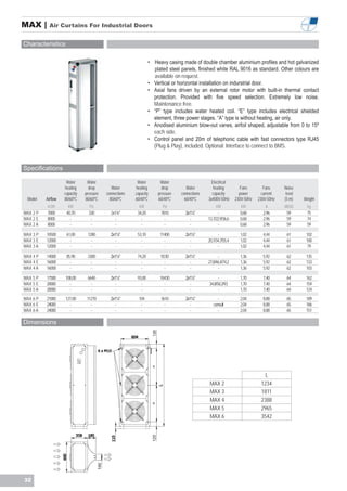 MAX |       Air Curtains For Industrial Doors


Characteristics

                                                                 • Heavy casing made of double chamber aluminium profiles and hot galvanized
                                                                   plated steel panels, finished white RAL 9016 as standard. Other colours are
                                                                   available on request.
                                                                 • Vertical or horizontal installation on indurstrial door.
                                                                 • Axial fans driven by an external rotor motor with built-in thermal contact
                                                                   protection. Provided with five speed selection. Extremely low noise.
                                                                   Maintenance free.
                                                                 • “P” type includes water heated coil. “E” type includes electrical shielded
                                                                   element, three power stages. “A” type is without heating, air only.
                                                                 • Anodised aluminium blow-out vanes, airfoil shaped, adjustable from 0 to 15º
                                                                   each side.
                                                                 • Control panel and 20m of telephonic cable with fast connectors type RJ45
                                                                   (Plug & Play), included. Optional: Interface to connect to BMS.


Specifications

                     Water      Water                    Water        Water                     Electrical
                    heating      drop        Water      heating        drop        Water         heating         Fans         Fans     Noise
                    capacity   pressure   connections   capacity     pressure   connections     capacity         power       current    level
 Model    Airflow   80/60ºC    80/60ºC      80/60ºC     60/40ºC      60/40ºC      60/40ºC     3x400V-50Hz      230V-50Hz   230V-50Hz   (5 m)    Weight
          m3/h        kW         Pa                       kW           Pa                          kW            kW            A       dB(A)     kg
MAX 2 P   7000       40,70       330        2x1¼”        34,20        7810        2x1¼”             -            0,68        2,96       59       75
MAX 2 E   8000         -          -           -            -            -           -         13,7/22,9/36,6     0,68        2,96       59       74
MAX 2 A   8000         -          -           -            -            -           -               -            0,68        2,96       59       59

MAX 3 P   10500      61,00      1280        2x1¼”        53,10        11400       2x1¼”             -            1,02        4,44       61       102
MAX 3 E   12000        -          -           -            -            -           -         20,7/34,7/55,4     1,02        4,44       61       100
MAX 3 A   12000        -          -           -            -            -           -               -            1,02        4,44       61        79

MAX 4 P   14000      85,90      3300        2x1¼”        74,20        9230        2x1¼”             -            1,36        5,92       62       135
MAX 4 E   16000        -          -           -            -            -           -         27,8/46,4/74,2     1,36        5,92       62       133
MAX 4 A   16000        -          -           -            -            -           -               -            1,36        5,92       62       103

MAX 5 P   17500     108,00      6640        2x1¼”        93,00        18430       2x1¼”             -            1,70        7,40       64       162
MAX 5 E   20000       -           -           -            -            -           -         34,8/58,2/93       1,70        7,40       64       159
MAX 5 A   20000       -           -           -            -            -           -               -            1,70        7,40       64       124
MAX 6 P   21000     127,00      11270       2x1¼”         104         3610        2x1¼”             -            2,04        8,88       65       189
MAX 6 E   24000       -           -           -            -            -           -            consult         2,04        8,88       65       186
MAX 6 A   24000       -           -           -            -            -           -               -            2,04        8,88       65       151

Dimensions




                                                                                                                              L
                                                                                               MAX 2                        1234
                                                                                               MAX 3                        1811
                                                                                               MAX 4                        2388
                                                                                               MAX 5                        2965
                                                                                               MAX 6                        3542




32
 