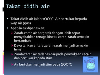Takat didih air
 Takat didih air ialah 1OOoC. Air bertukar kepada
wap air (gas)
 Apabila air dipanaskan:
 Zarah-zarah air bergerak dengan lebih cepat
menyebabkan tenaga kinetik zarah-zarah semakin
bertambah
 Daya tarikan antara zarah-zarah menjadi semakin
lemah
 Zarah-zarah air terlepas daripada permukaan cecair
dan bertukar kepada stim
 Air bertukar menjadi stim pada 1OOoC
 