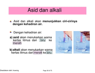 Asid dan alkali
Asid dan alkali akan menunjukkan ciri-cirinya
dengan kehadiran air.
Dengan kehadiran air:
a) asid akan menukarkan warna
kertas litmus dari biru ke
merah
b) alkali akan menukarkan warna
kertas litmus dari merah ke biru
Page 36 of 75Disediakan oleh: hcwong
alkali asid
 