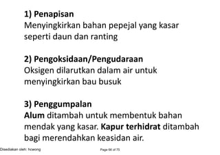 1) Penapisan
Menyingkirkan bahan pepejal yang kasar
seperti daun dan ranting
2) Pengoksidaan/Pengudaraan
Oksigen dilarutkan dalam air untuk
menyingkirkan bau busuk
3) Penggumpalan
Alum ditambah untuk membentuk bahan
mendak yang kasar. Kapur terhidrat ditambah
bagi merendahkan keasidan air.
1) Penapisan
Menyingkirkan bahan pepejal yang kasar
seperti daun dan ranting
2) Pengoksidaan/Pengudaraan
Oksigen dilarutkan dalam air untuk
menyingkirkan bau busuk
3) Penggumpalan
Alum ditambah untuk membentuk bahan
mendak yang kasar. Kapur terhidrat ditambah
bagi merendahkan keasidan air.
Page 66 of 75Disediakan oleh: hcwong
过滤
去除
固体物质 粗/大样的
如 叶子 树枝
氧化 空气化
被溶进
来
臭味去除
凝结
被加入 来 形成
沉淀
减低 酸性
 