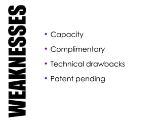 WEAKNESSES
• Capacity
• Complimentary
• Technical drawbacks
• Patent pending
 