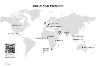 OUR GLOBAL PRESENCE
MEXICO
CANADA
GHANA
UK
SOUTH
AFRIC
A
NIGERIA
UAE
GERMANY
SWITZERLAND
KENYA
INDIA
THAILAND
MALAYSIA
AUSTRALIA
02
Scan here to
find your nearest
experience centre
 