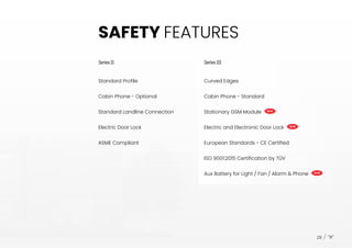 SAFETY FEATURES
SeriesII SeriesIII
Standard Profile
ASME Compliant
Electric Door Lock
Cabin Phone - Optional
Standard Landline Connection
Curved Edges
Stationary GSM Module
Cabin Phone - Standard
ISO 9001:2015 Certification by TÜV
Electric and Electronic Door Lock
European Standards - CE Certified
Aux Battery for Light / Fan / Alarm & Phone
29
 