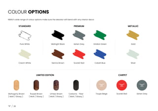 COLOUR OPTIONS
36
Mahogany Brown
( Matt / Glossy )
Pure White
Cream White
Russet Brown
( Matt / Glossy )
Sienna Brown
Umber Brown
( Matt / Glossy )
Midnight Black
Carbonic Fiber
( Matt / Glossy )
Scarlet Red
Ashen Grey
NIBAV’s wide range of colour options make sure the elevator will blend with any interior decor.
Cobalt Blue
Viridian Green
Taupe Beige Scarlet Red
Gold
Silver
Ashen Grey
STANDARD
LIMITED EDITION
PREMIUM
CARPET
METALLIC
 