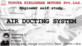 AIR DUCTING SYSTEM
CHIDANANDA C
TKM08589
P1-Paint
Process Engg. Service Source : Internet & eBook
Engineer self study
TOYOTA KIRLOSKAR MOTORS Pvt.Ltd.
Prepared by,
 