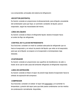 Los componentes principales del sistema de refrigeración
-RECEPTOR (DEPÓSITO)
Su función consiste en proporcionar el almacenamiento para el líquido procedente
del condensador para que haya un suministro constante de líquido para el
evaporador, según las necesidades del mismo.
-LÍNEA DE LÍQUIDO
Su función consiste en llevar el refrigerante líquido desde el receptor hacia
el control de flujo de refrigerante.
-CONTROL DE FLUJO DE REFRIGERANTE
Sus funciones consisten en medir la cantidad adecuada de refrigerante que va
hacia el evaporador y en reducir la presión del líquido que entra en el evaporador,
para que así el líquido se evapore en el evaporador a la temperatura baja
deseada.
-EVAPORADOR
Su función consiste en proporcionar una superficie de transferencia de calor a
través de la cual el calor pasa del ambiente refrigerado al refrigerante evaporado.
-LINEA DE ASPIRACIÓN
Su función consiste en llevar el vapor de presión baja desde el evaporador hacia la
entrada de aspiración del compresor.
-COMPRESOR
Sus funciones consisten en extraer el vapor del evaporador y en aumentar la
temperatura y presión del vapor para que éste pueda condensarse con los medios
de condensación normalmente disponibles.
 