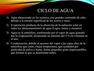CICLO DE AGUA
1) Agua almacenada en los océanos, con grandes contenido de sales
debido a la erosión superficial de los suelos y rocas.
2) Evaporación producto de la absorción de la radiación solar en
todos los almacenamientos de agua (Lagos, mares y oceanos).
3) Agua en la atmósfera, conformada por el vapor de agua genrado
por la evaporación, alcanzando un máximo del 4 % en volumen en
el aire.
4) Condensación, debido al ascenso del vapor a las capas altas de la
atmósfera que están a bajas temperatura, que ayudados por
partículas de polvo y humo, forma pequeñas gotas imperceptibles
que forman lo que se denominan nubes.
 