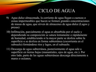 CICLO DE AGUA
9) Agua dulce almacenada, la corriente de agua llegan a cuencas o
zonas impermeables que hacen se formen grandes concentraciones
de masas de agua, que sirven de almacenes de agua dulce (Lagos y
presas)
10) Infiltración, parcialmente el agua es absorbida por el suelo y
dependiendo su composición se satura lentamente o rápidamente
de humedad, estableciendo si la mayor parte se desliza sobre la
superficie o se desliza en forma subterránea (escorrienta en el
subsuelo) formándose ríos y lagos, en el subsuelo.
11) Descarga de agua subterránea, posteriormente el agua sale a
superficie en tierras bajas (manantiales, ojos de agua, etc.). Por
otro lado, parte de las aguas subterráneas descarga directamente a
mares o océanos.
 