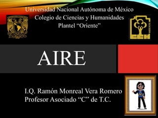 AIRE
Universidad Nacional Autónoma de México
Colegio de Ciencias y Humanidades
Plantel “Oriente”
I.Q. Ramón Monreal Vera Romero
Profesor Asociado “C” de T.C.
 
