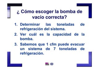 ¿ Cómo escoger la bomba de
vacío correcta?
1. Determinar las toneladas de
refrigeración del sistema.
2. Ver cuál es la capacidad de la
bomba.
3. Sabemos que 1 cfm puede evacuar
un sistema de 7 toneladas de
refrigeración.
 