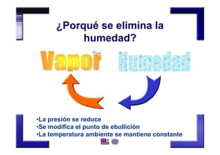 ¿Porqué se elimina la
humedad?
•La presión se reduce
•Se modifica el punto de ebullición
•La temperatura ambiente se mantiene constante
 