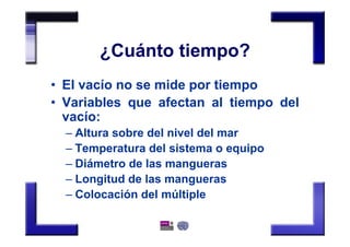 ¿Cuánto tiempo?
• El vacío no se mide por tiempo
• Variables que afectan al tiempo del
vacío:
– Altura sobre del nivel del mar
– Temperatura del sistema o equipo
– Diámetro de las mangueras
– Longitud de las mangueras
– Colocación del múltiple
 