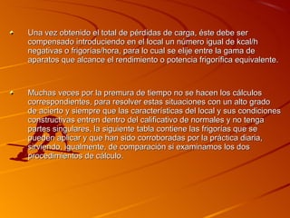 Una vez obtenido el total de pérdidas de carga, éste debe ser
compensado introduciendo en el local un número igual de kcal/h
negativas o frigorías/hora, para lo cual se elije entre la gama de
aparatos que alcance el rendimiento o potencia frigorífica equivalente.



Muchas veces por la premura de tiempo no se hacen los cálculos
correspondientes, para resolver estas situaciones con un alto grado
de acierto y siempre que las características del local y sus condiciones
constructivas entren dentro del calificativo de normales y no tenga
partes singulares, la siguiente tabla contiene las frigorías que se
pueden aplicar y que han sido corroboradas por la práctica diaria,
sirviendo, igualmente, de comparación si examinamos los dos
procedimientos de cálculo.
 