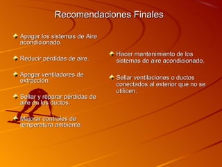 Recomendaciones Finales

Apagar los sistemas de Aire
acondicionado.
                               Hacer mantenimiento de los
Reducir pérdidas de aire.      sistemas de aire acondicionado.

Apagar ventiladores de         Sellar ventilaciones o ductos
extracción.
                               conectados al exterior que no se
                               utilicen.
Sellar y reparar pérdidas de
aire en los ductos.

Mejorar controles de
temperatura ambiente.
 