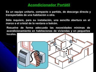 Acondicionador Portátil
Es un equipo unitario, compacto o partido, de descarga directa y
transportable de una habitación a otra.
Sólo requiere, para su instalación, una sencilla abertura en el
marco o el cristal de la ventana o balcón.
Resuelve de forma adecuada las necesidades mínimas de
acondicionamiento en habitaciones de viviendas y en pequeños
locales.
 